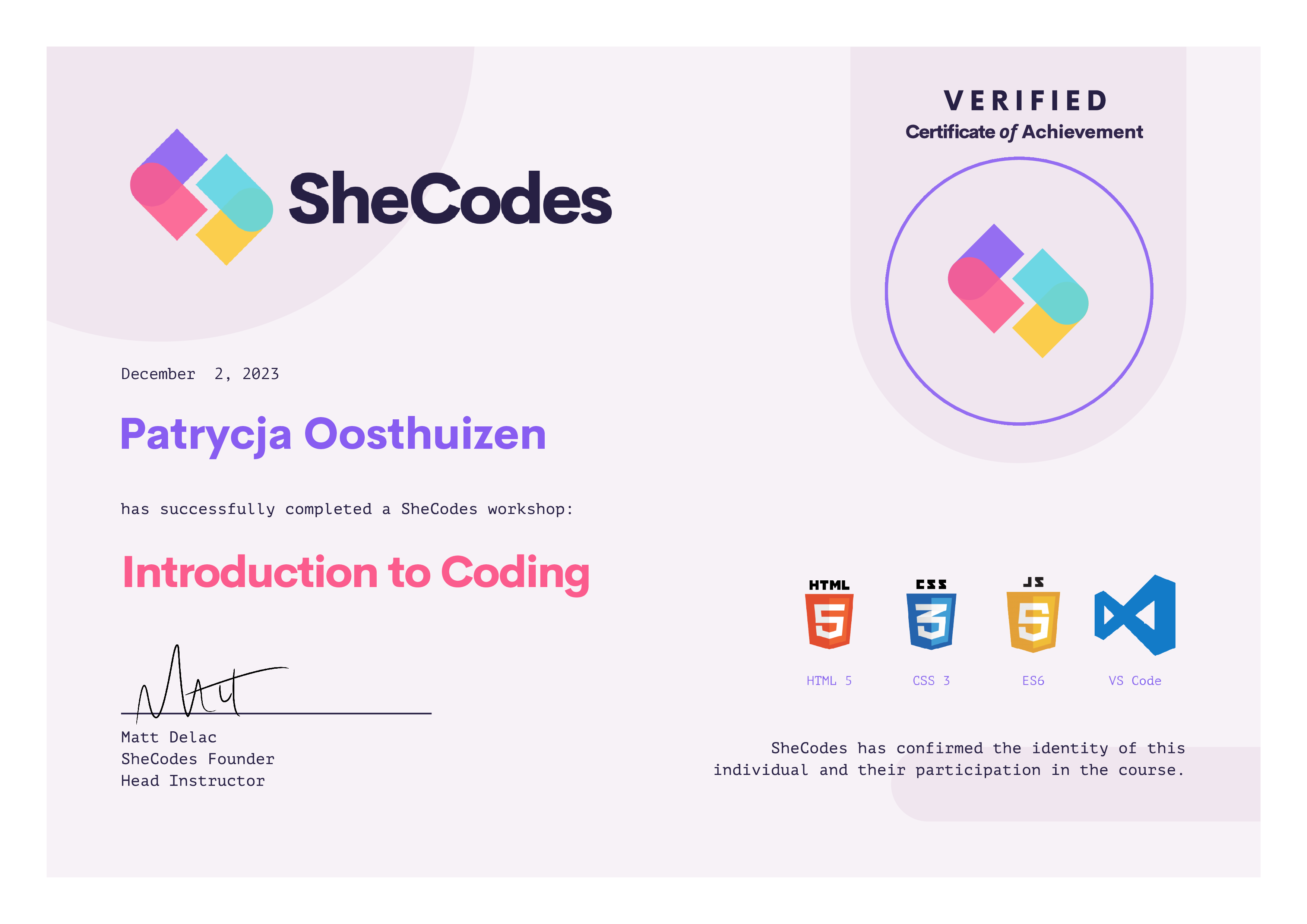 Patrycja's introduction to coding certificate